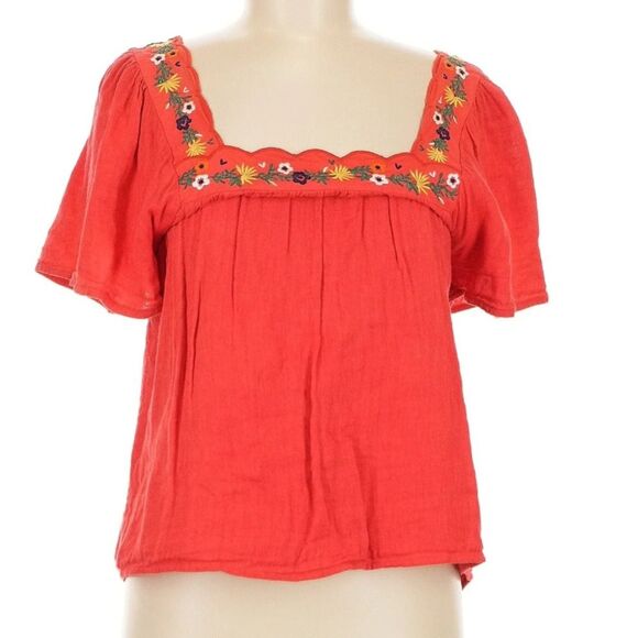 Sézane Bea Blouse Cherry Red Embroidered Sqaure Neckline French Girl Boxy Top - Picture 2 of 10